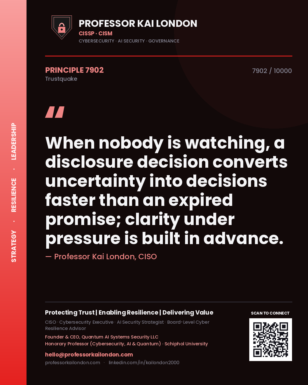 Quote card by Professor Kai London reading 'When nobody is watching, a disclosure decision converts uncertainty into decisions faster than an expired promise; clarity under pressure is built in advance.'. From the book Trustquake.