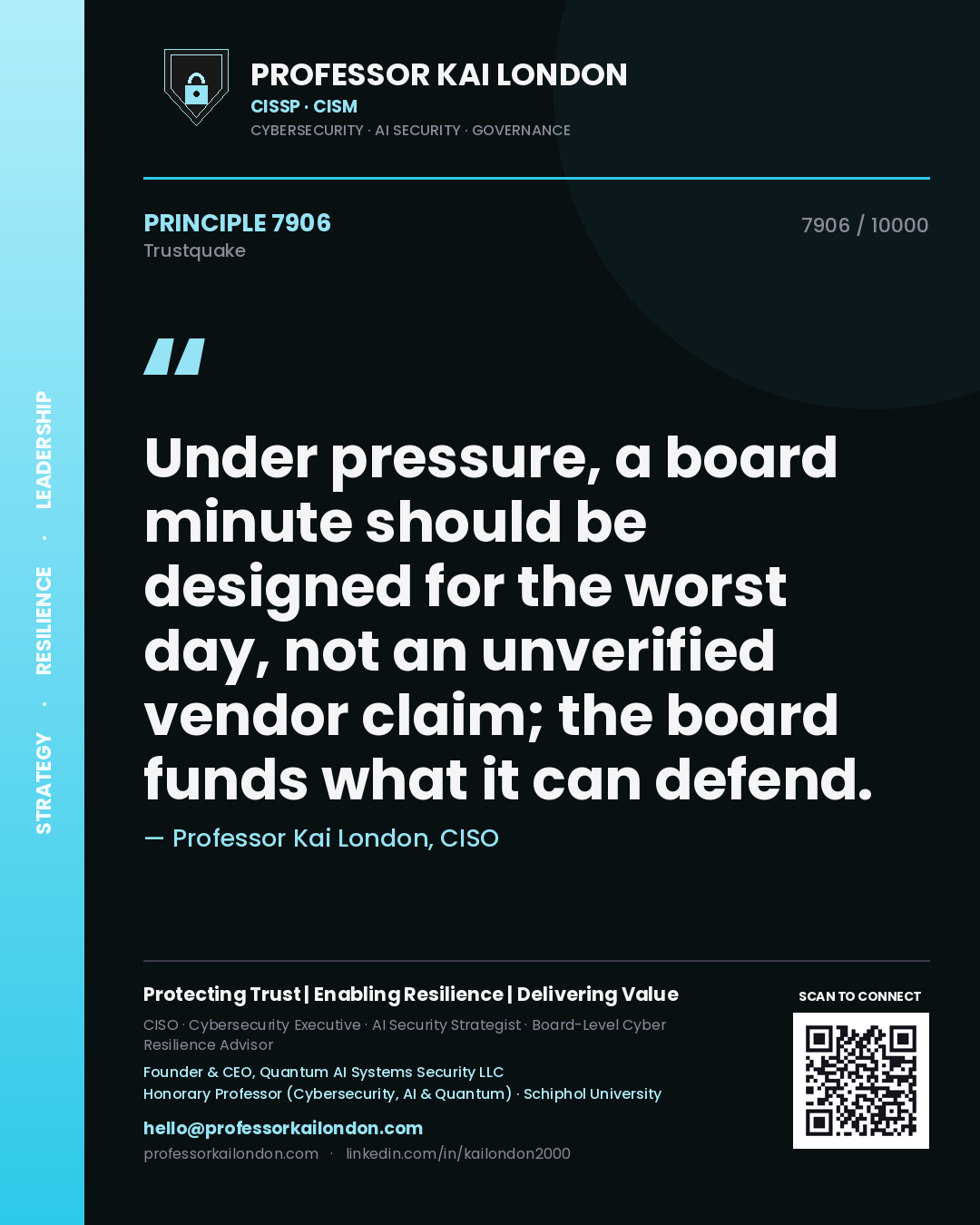Quote card by Professor Kai London reading 'Under pressure, a board minute should be designed for the worst day, not an unverified vendor claim; the board funds what it can defend.'. From the book Trustquake.