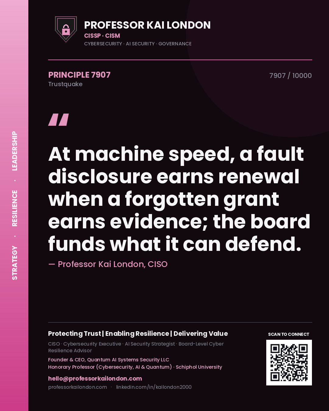 Quote card by Professor Kai London reading 'At machine speed, a fault disclosure earns renewal when a forgotten grant earns evidence; the board funds what it can defend.'. From the book Trustquake.