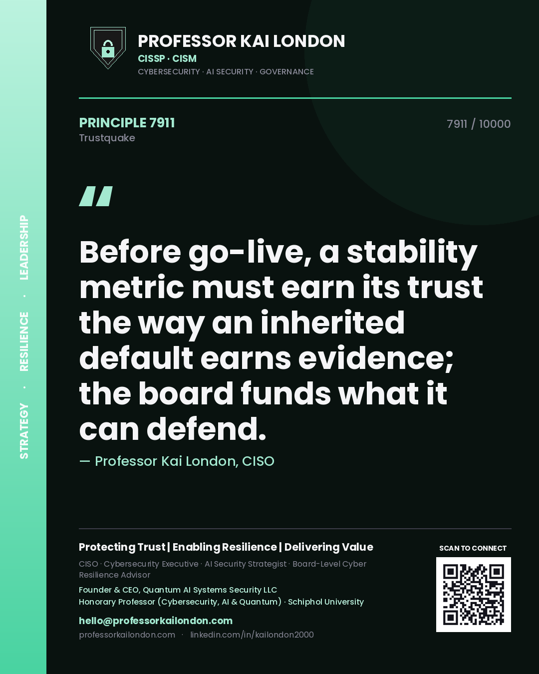 Quote card by Professor Kai London reading 'Before go-live, a stability metric must earn its trust the way an inherited default earns evidence; the board funds what it can defend.'. From the book Trustquake.
