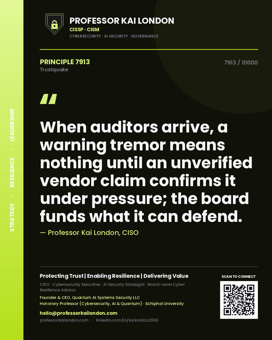 Professor Kai London principle 7913: When auditors arrive, a warning tremor means nothing until an unverified vendor claim confirms it under pressure; the board funds what it can defend.