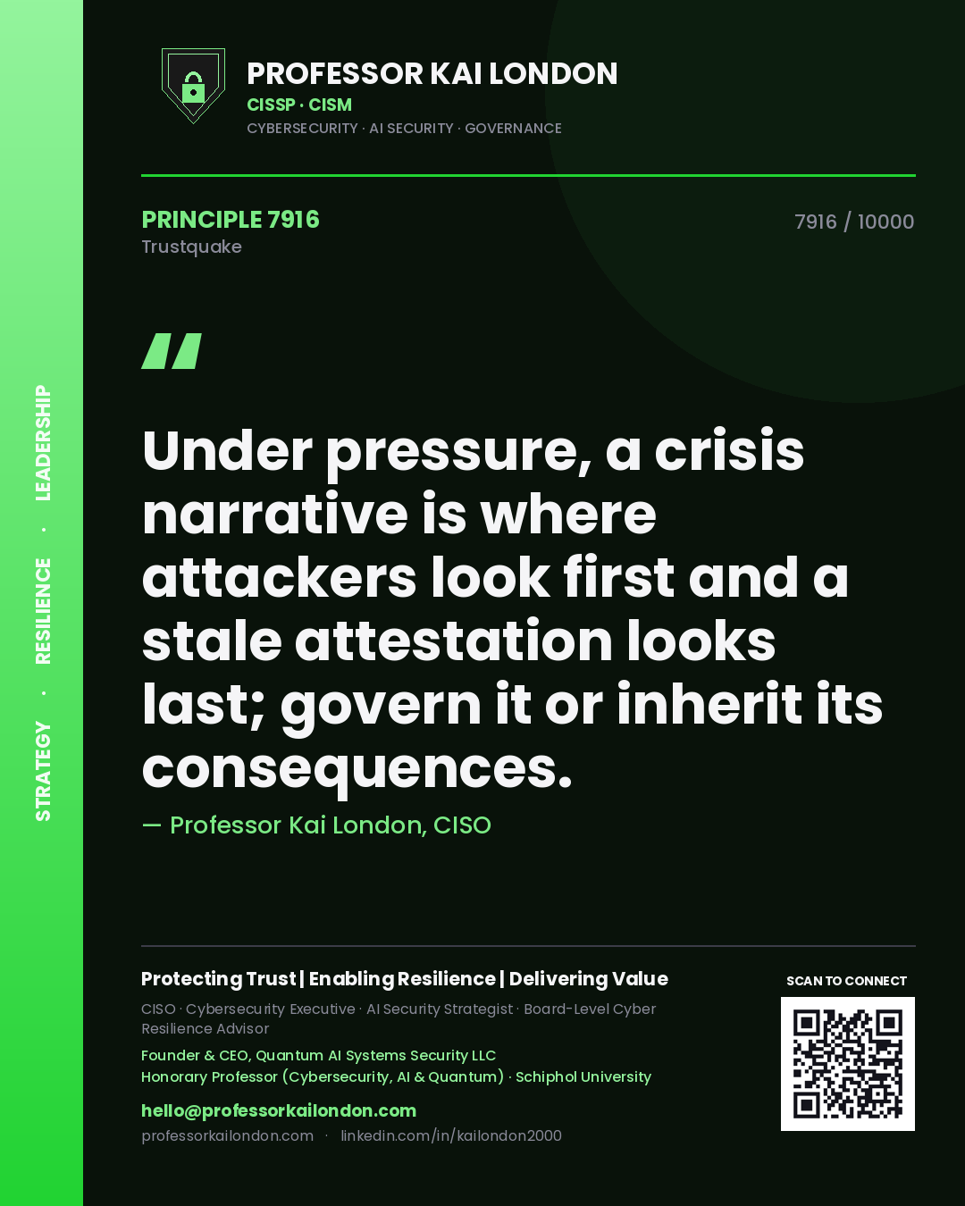 Quote card by Professor Kai London reading 'Under pressure, a crisis narrative is where attackers look first and a stale attestation looks last; govern it or inherit its consequences.'. From the book Trustquake.