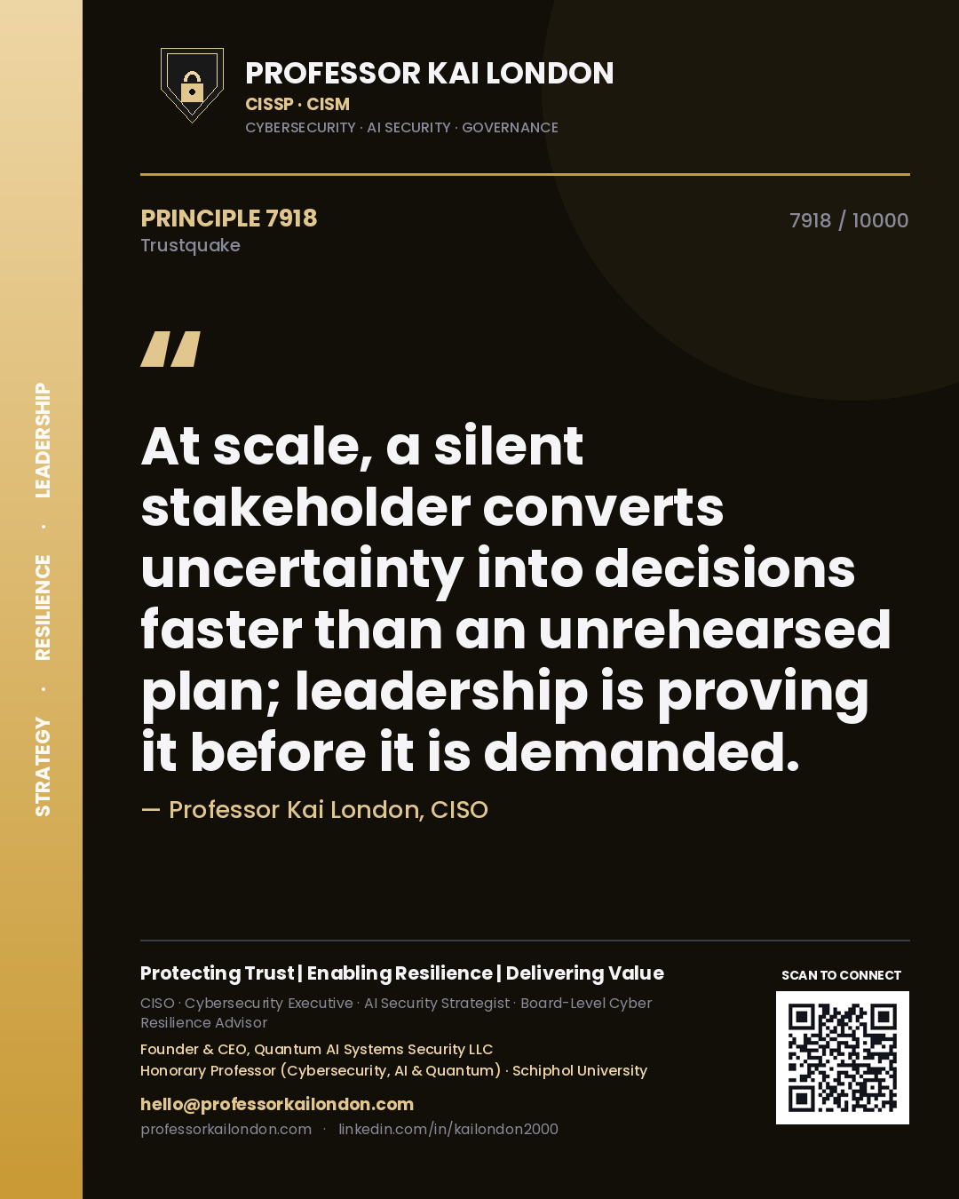 Quote card by Professor Kai London reading 'At scale, a silent stakeholder converts uncertainty into decisions faster than an unrehearsed plan; leadership is proving it before it is demanded.'. From the book Trustquake.