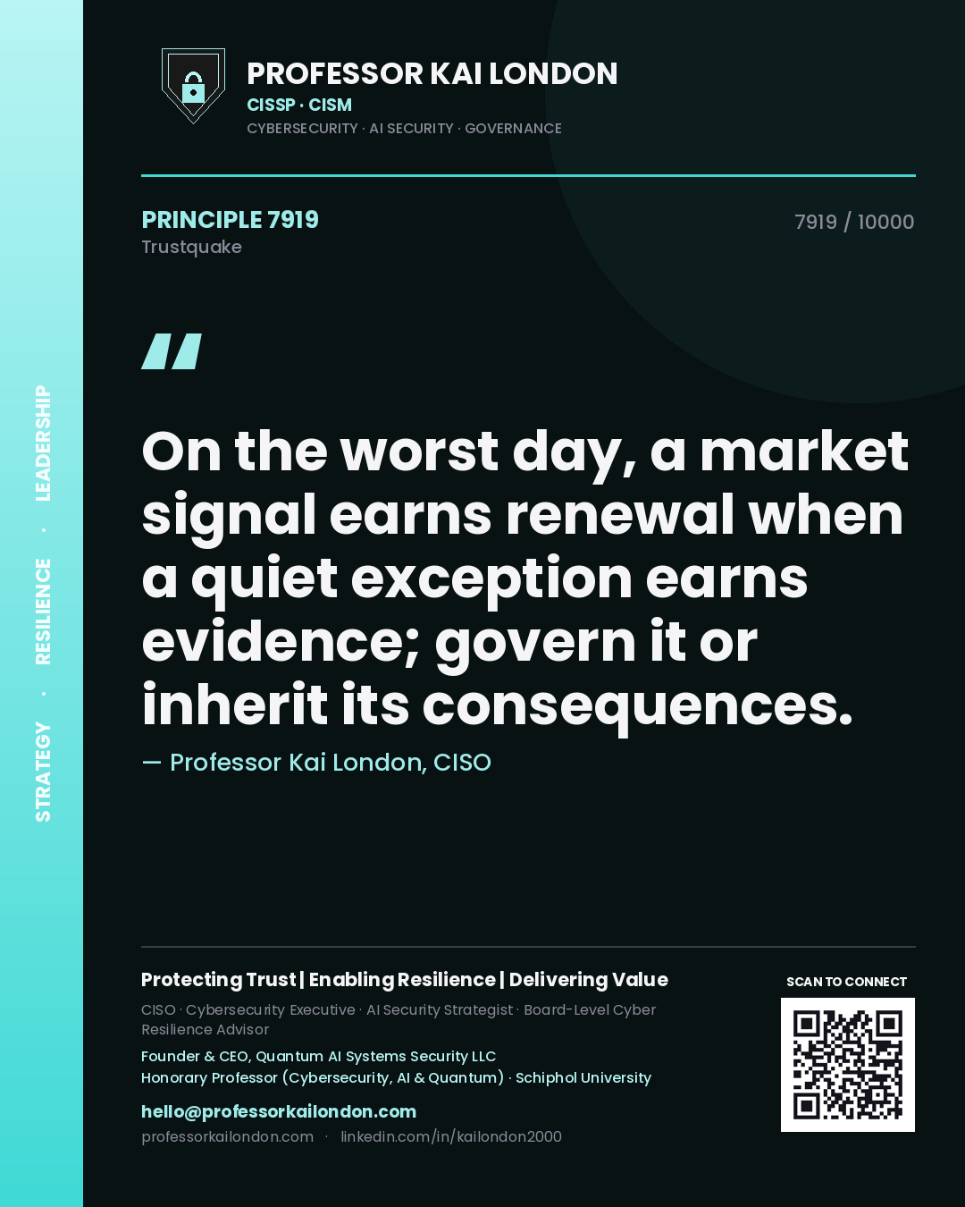 Quote card by Professor Kai London reading 'On the worst day, a market signal earns renewal when a quiet exception earns evidence; govern it or inherit its consequences.'. From the book Trustquake.
