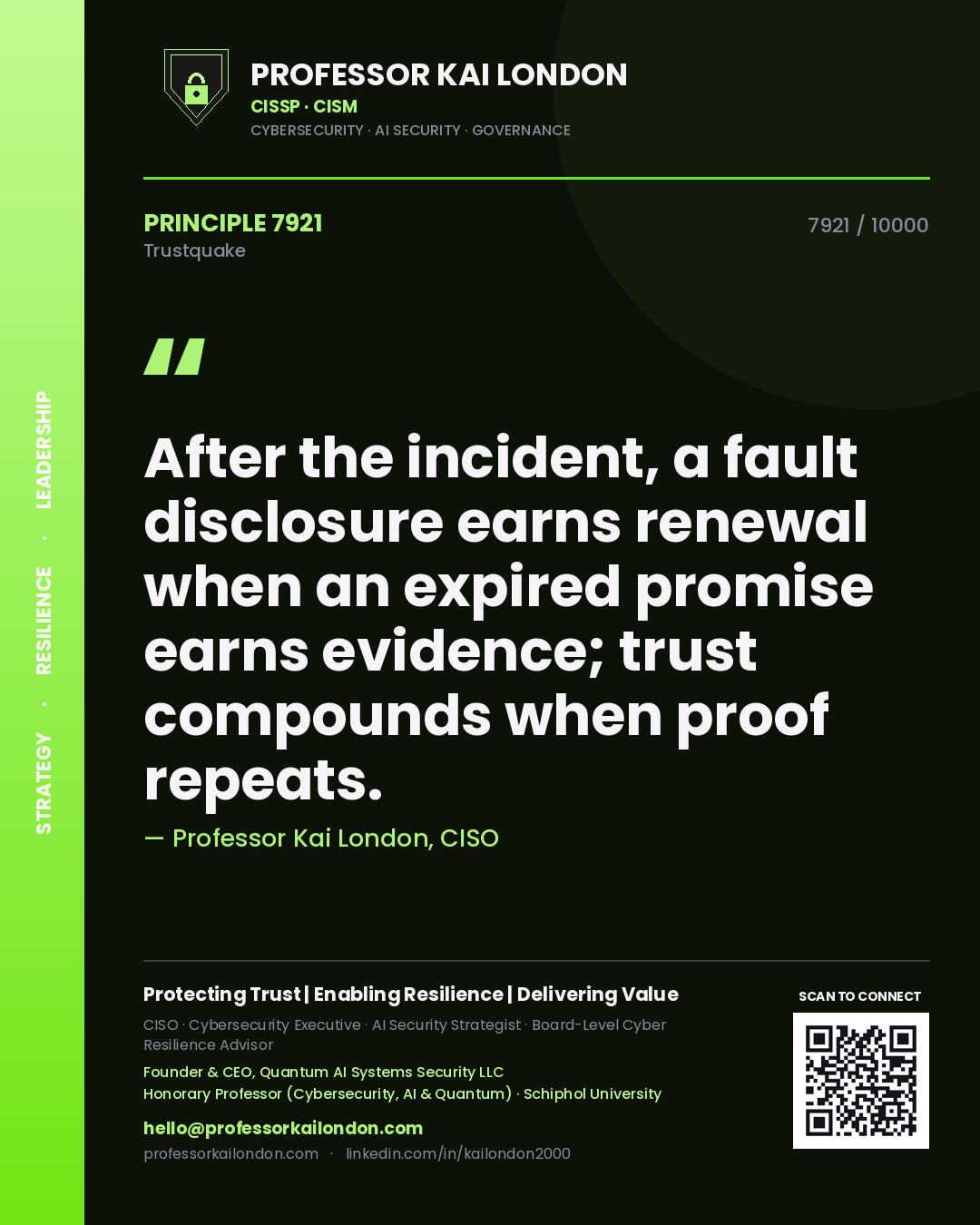 Professor Kai London principle 7921: After the incident, a fault disclosure earns renewal when an expired promise earns evidence; trust compounds when proof repeats.
