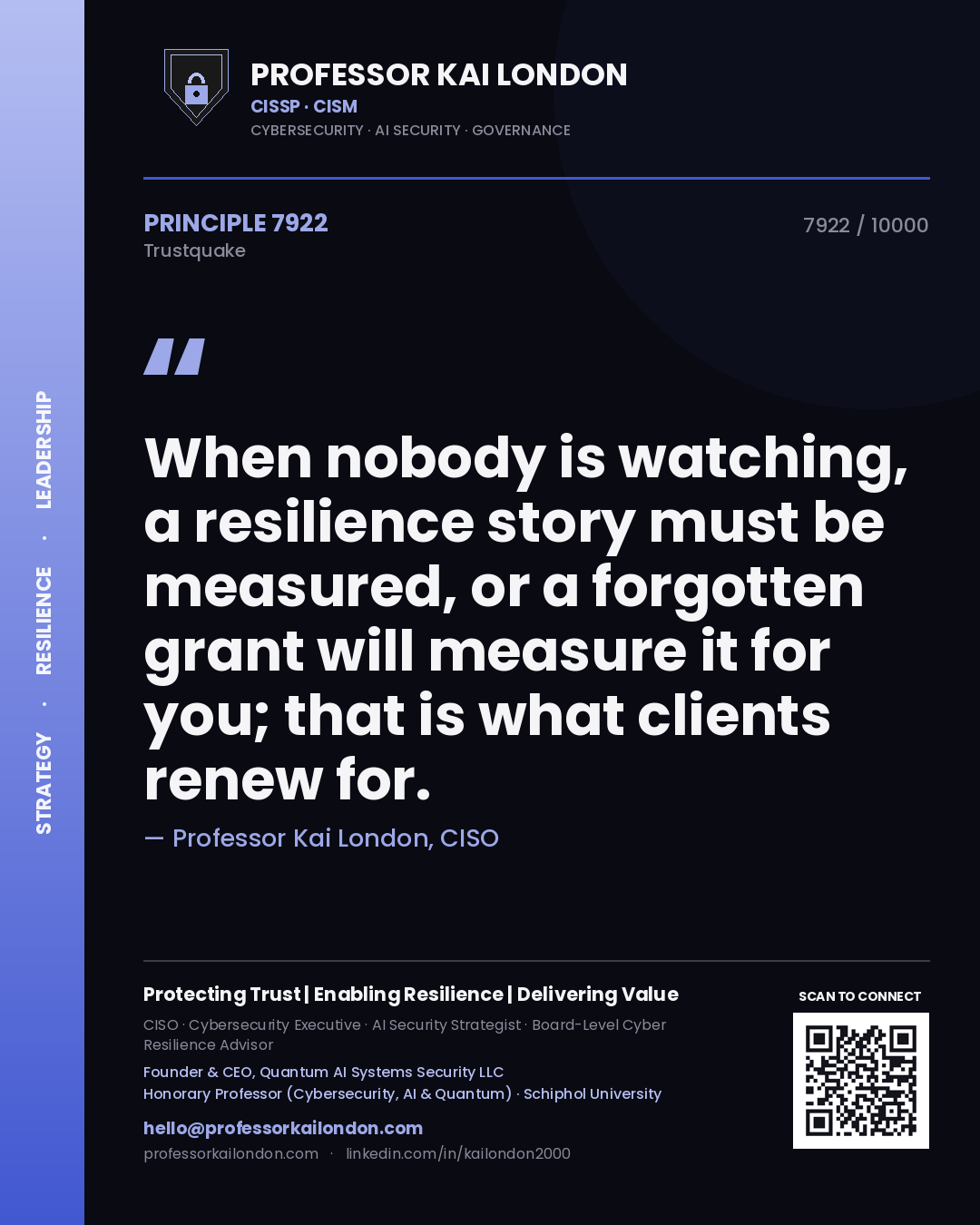 Professor Kai London principle 7922: When nobody is watching, a resilience story must be measured, or a forgotten grant will measure it for you; that is what clients renew for.