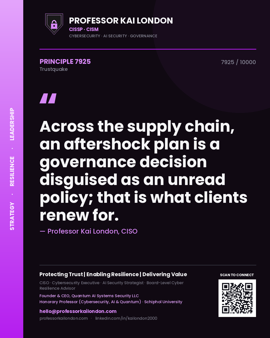 Quote card by Professor Kai London reading 'Across the supply chain, an aftershock plan is a governance decision disguised as an unread policy; that is what clients renew for.'. From the book Trustquake.
