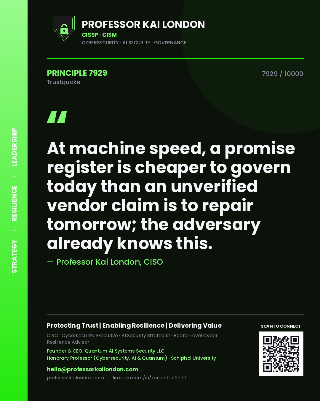 Quote card by Professor Kai London reading 'At machine speed, a promise register is cheaper to govern today than an unverified vendor claim is to repair tomorrow; the adversary already knows this.'. From the book Trustquake.
