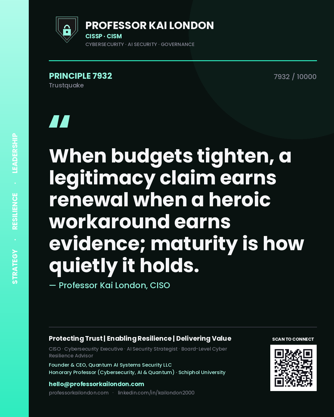 Quote card by Professor Kai London reading 'When budgets tighten, a legitimacy claim earns renewal when a heroic workaround earns evidence; maturity is how quietly it holds.'. From the book Trustquake.