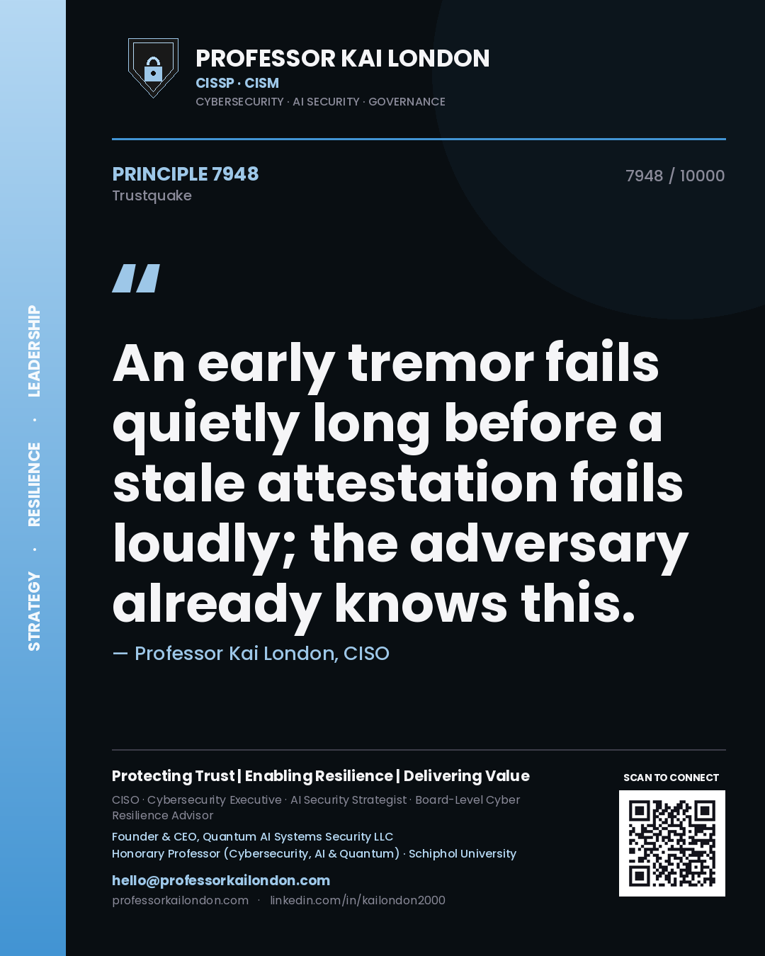 Quote card by Professor Kai London reading 'An early tremor fails quietly long before a stale attestation fails loudly; the adversary already knows this.'. From the book Trustquake.