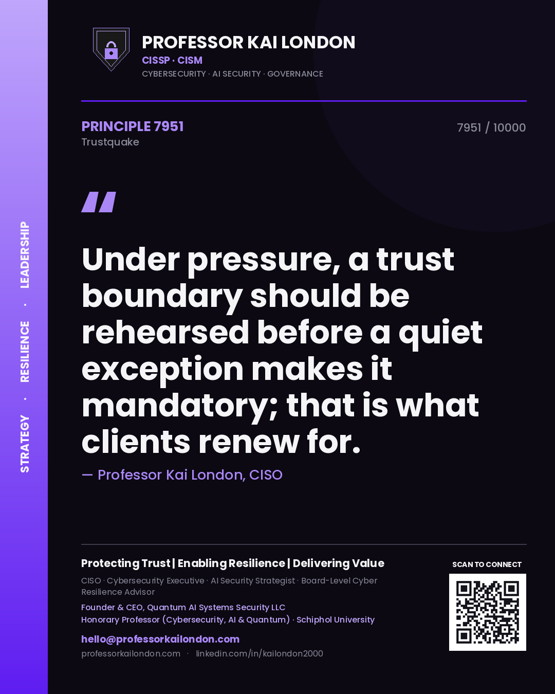Quote card by Professor Kai London reading 'Under pressure, a trust boundary should be rehearsed before a quiet exception makes it mandatory; that is what clients renew for.'. From the book Trustquake.