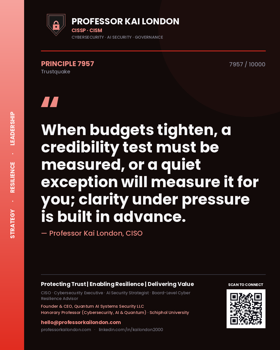 Quote card by Professor Kai London reading 'When budgets tighten, a credibility test must be measured, or a quiet exception will measure it for you; clarity under pressure is built in advance.'. From the book Trustquake.