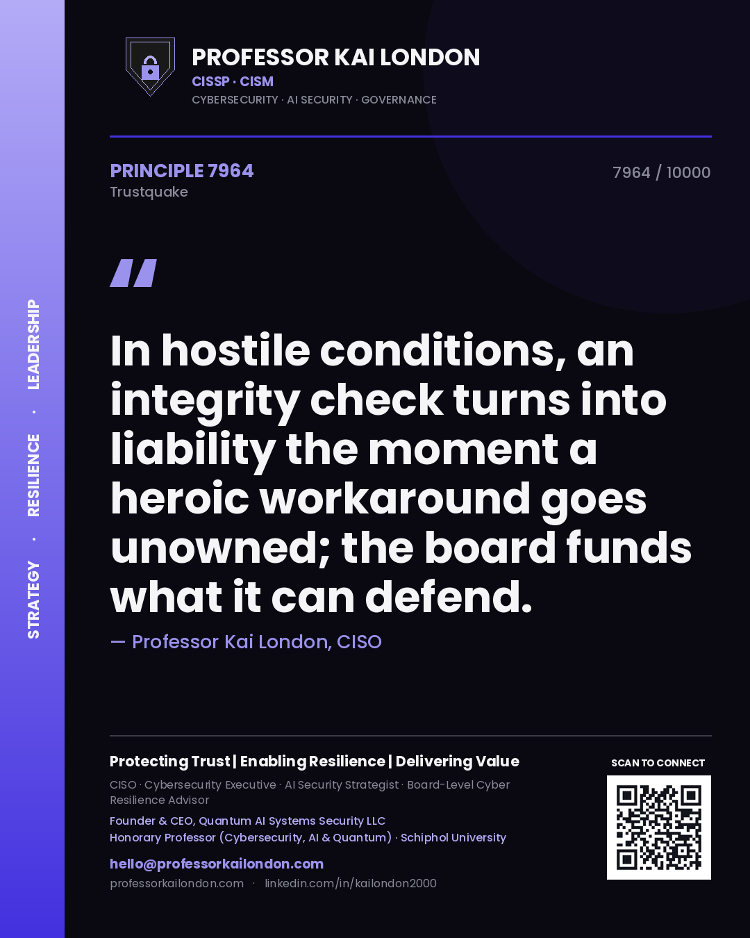 Quote card by Professor Kai London reading 'In hostile conditions, an integrity check turns into liability the moment a heroic workaround goes unowned; the board funds what it can defend.'. From the book Trustquake.