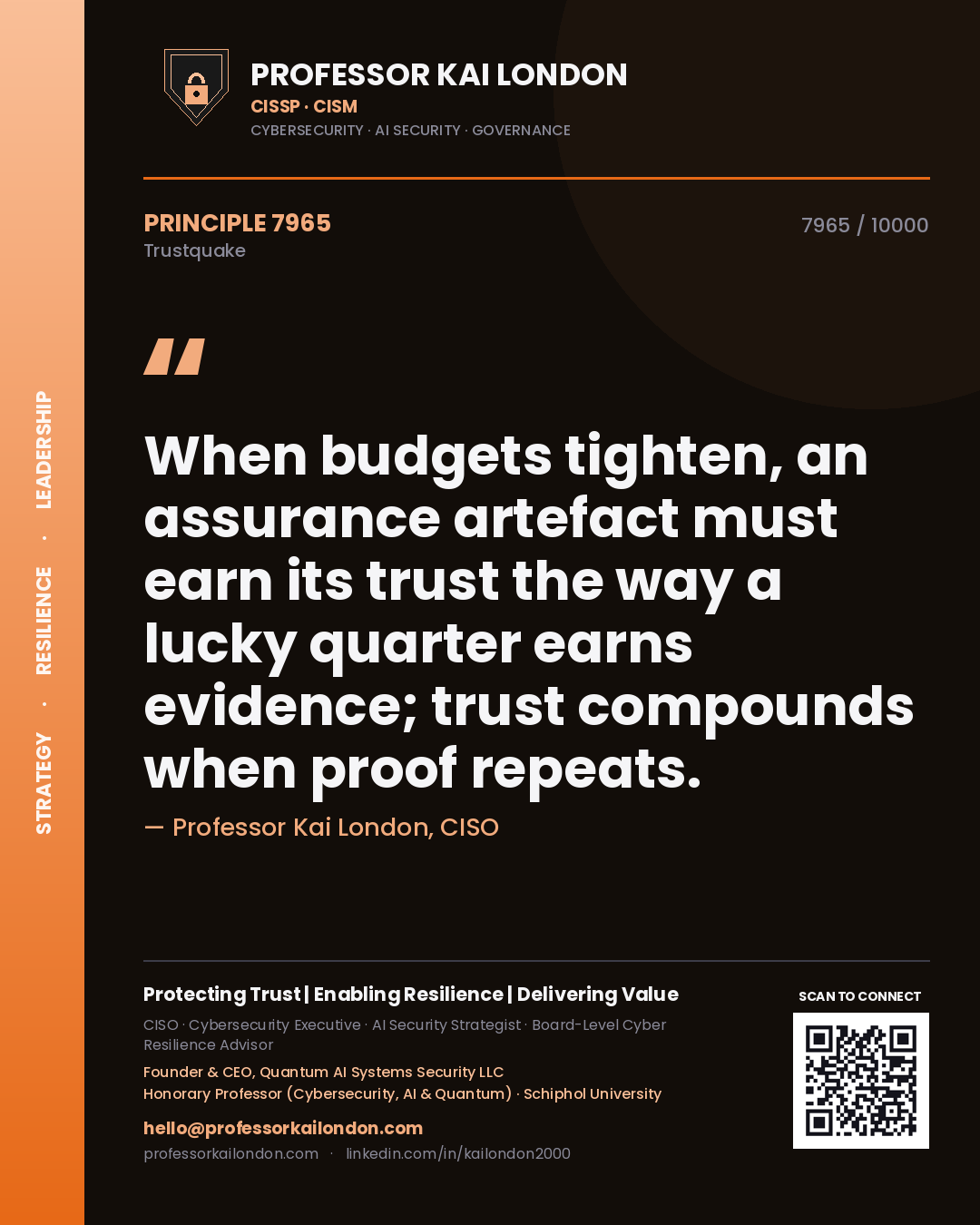 Quote card by Professor Kai London reading 'When budgets tighten, an assurance artefact must earn its trust the way a lucky quarter earns evidence; trust compounds when proof repeats.'. From the book Trustquake.