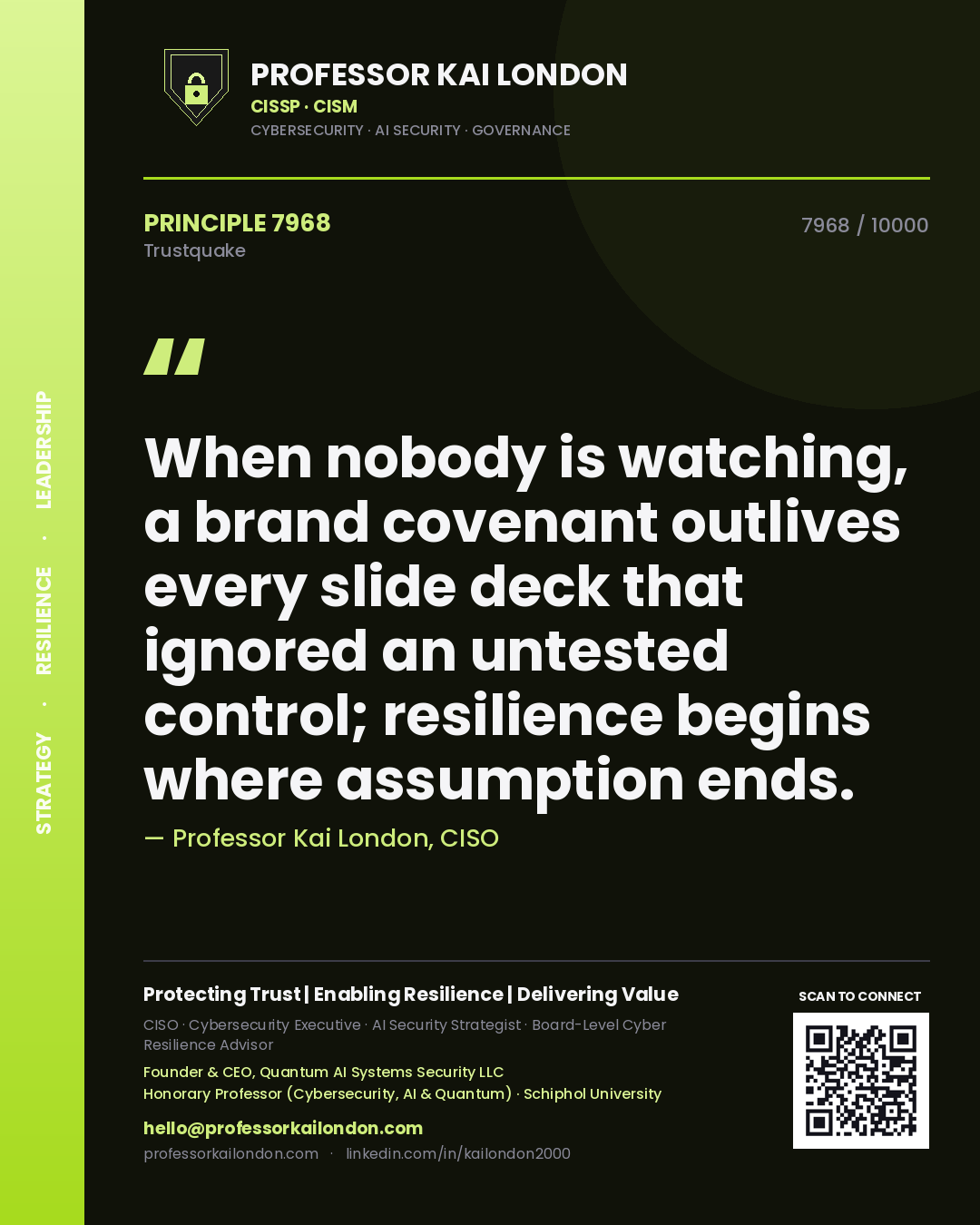 Quote card by Professor Kai London reading 'When nobody is watching, a brand covenant outlives every slide deck that ignored an untested control; resilience begins where assumption ends.'. From the book Trustquake.