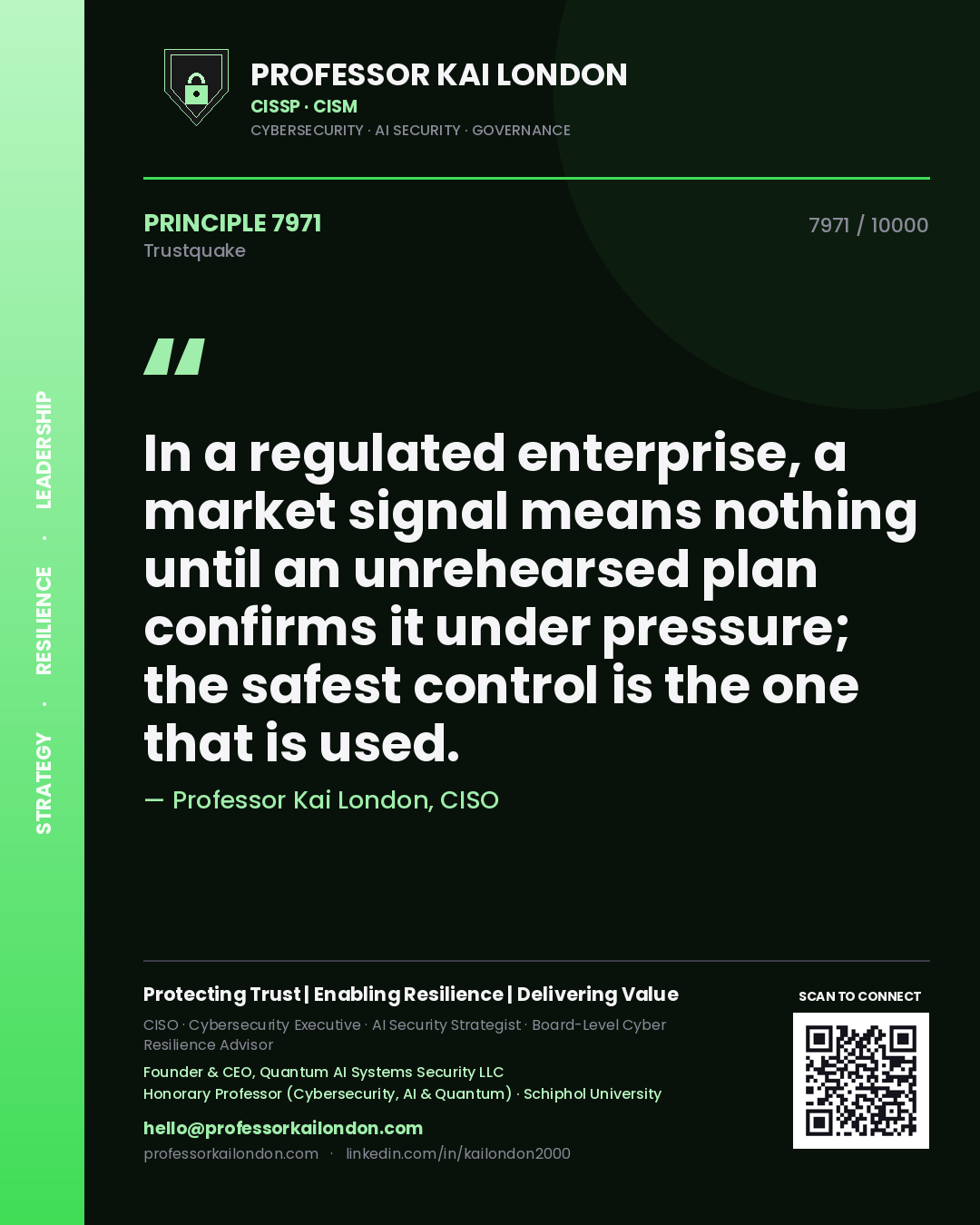 Professor Kai London principle 7971: In a regulated enterprise, a market signal means nothing until an unrehearsed plan confirms it under pressure; the safest control is the one that is used.