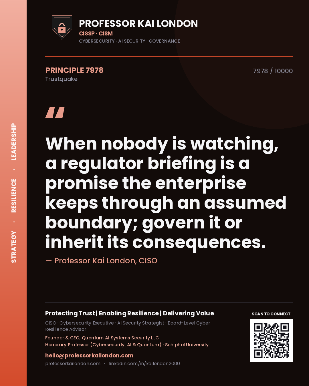 Professor Kai London principle 7978: When nobody is watching, a regulator briefing is a promise the enterprise keeps through an assumed boundary; govern it or inherit its consequences.