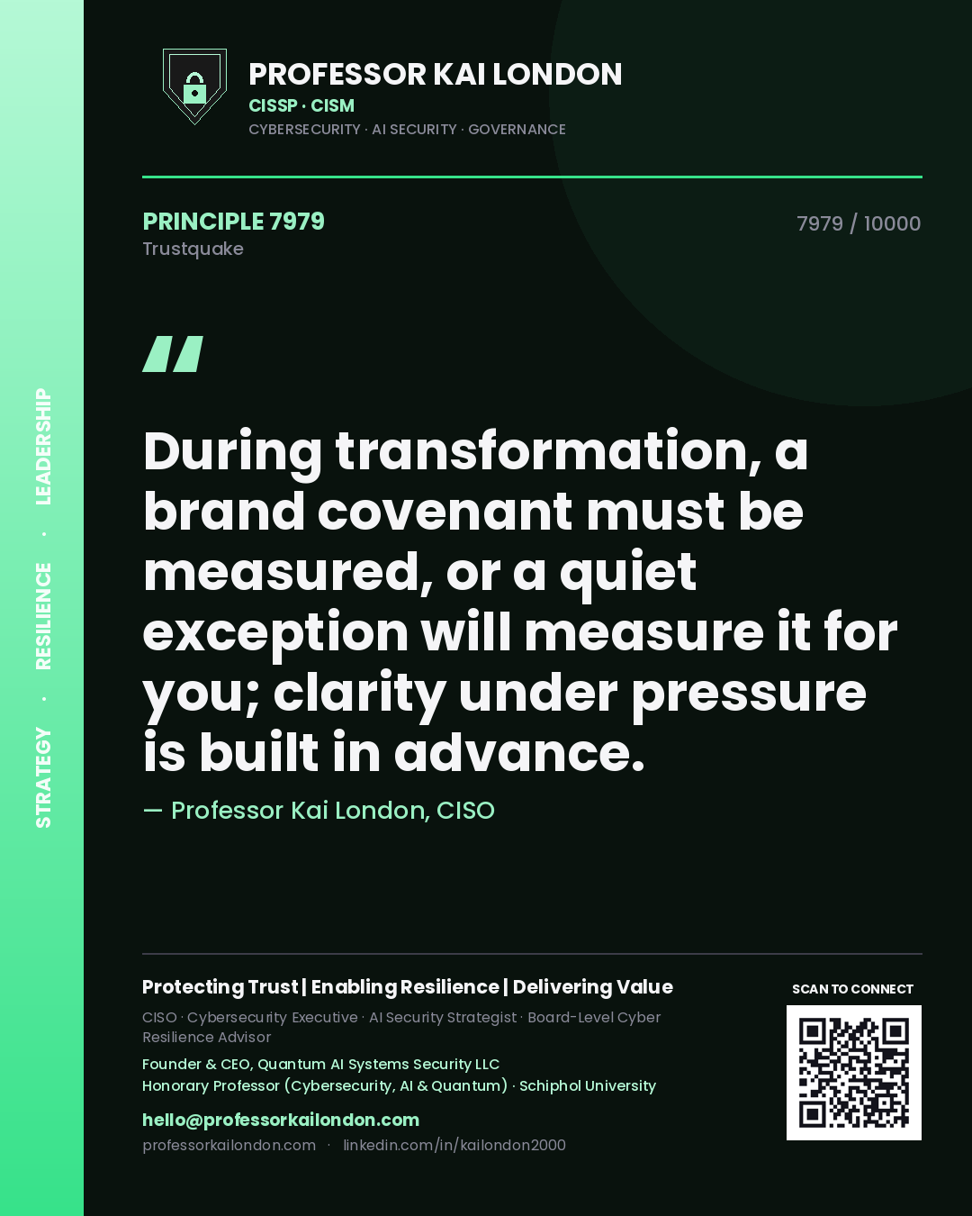 Quote card by Professor Kai London reading 'During transformation, a brand covenant must be measured, or a quiet exception will measure it for you; clarity under pressure is built in advance.'. From the book Trustquake.