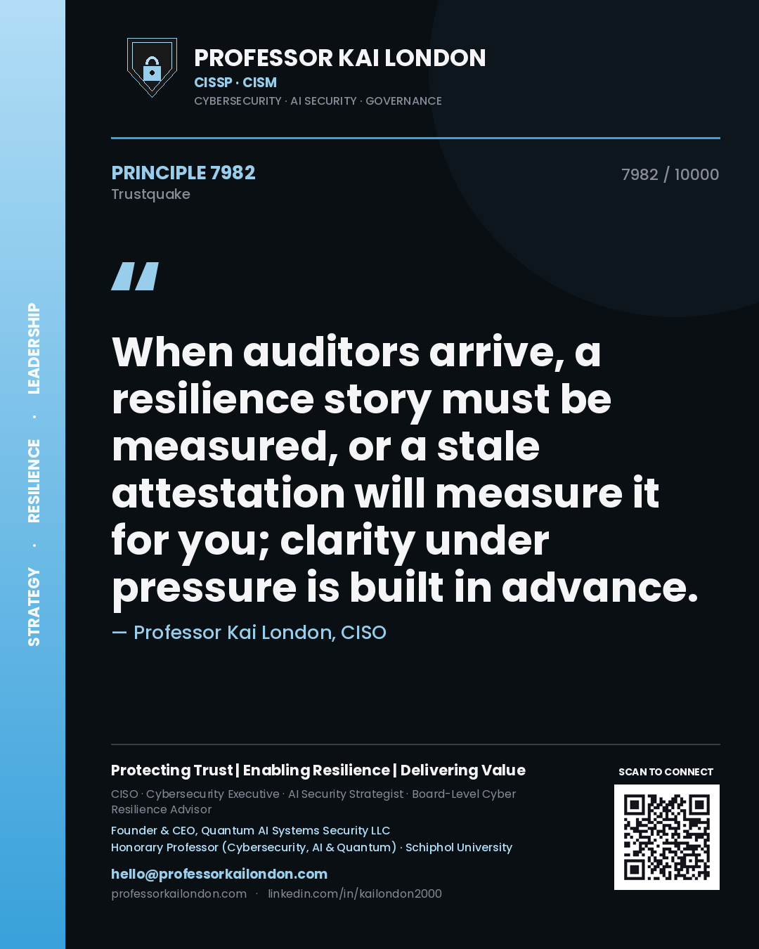 Professor Kai London principle 7982: When auditors arrive, a resilience story must be measured, or a stale attestation will measure it for you; clarity under pressure is built in advance.