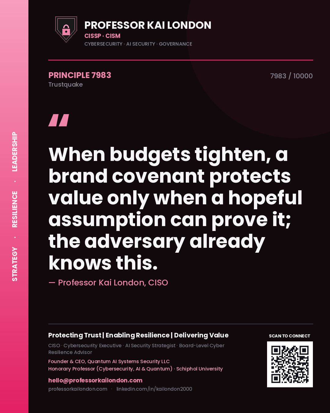 Quote card by Professor Kai London reading 'When budgets tighten, a brand covenant protects value only when a hopeful assumption can prove it; the adversary already knows this.'. From the book Trustquake.