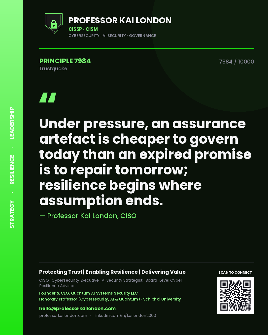 Professor Kai London principle 7984: Under pressure, an assurance artefact is cheaper to govern today than an expired promise is to repair tomorrow; resilience begins where assumption ends.