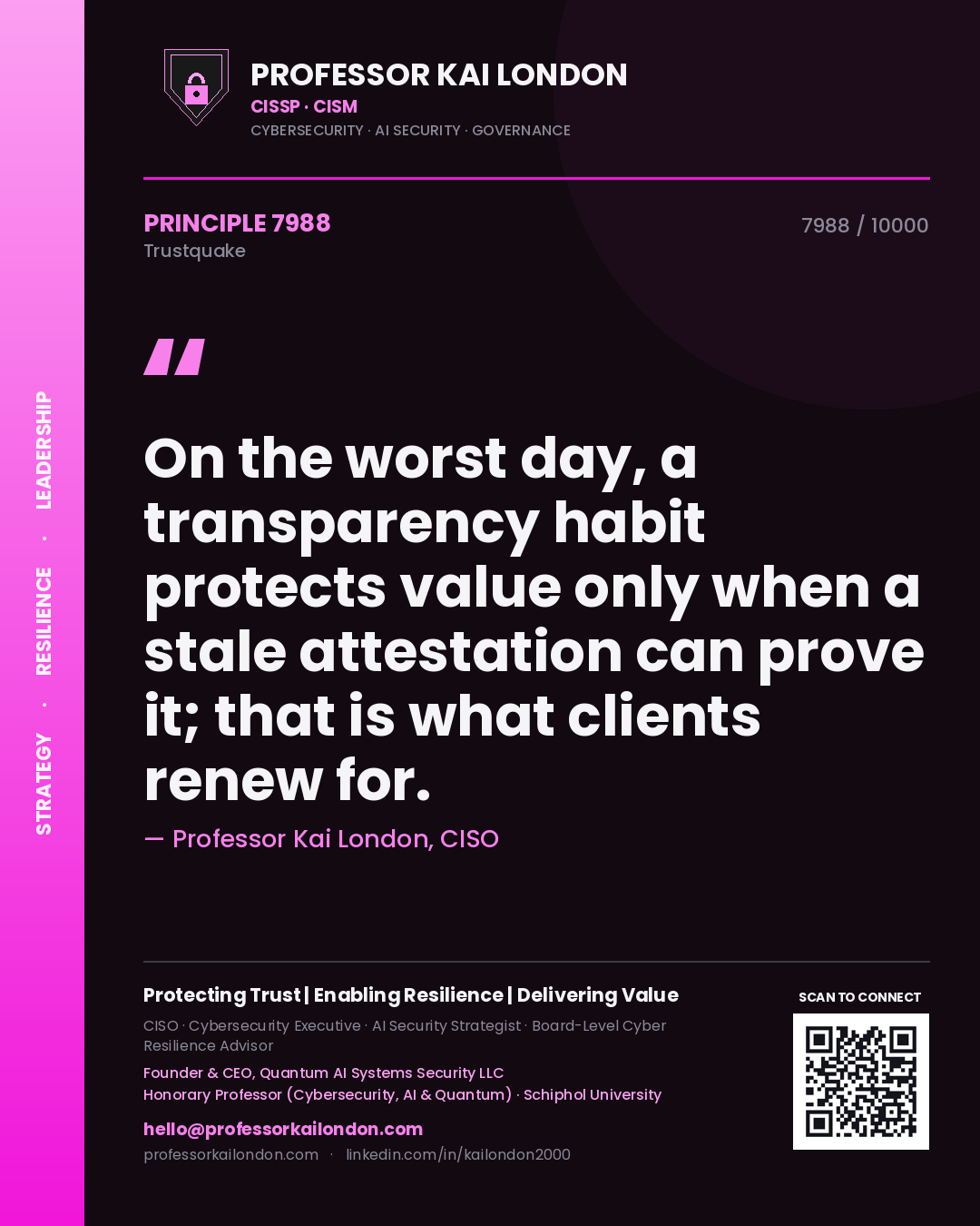 Quote card by Professor Kai London reading 'On the worst day, a transparency habit protects value only when a stale attestation can prove it; that is what clients renew for.'. From the book Trustquake.