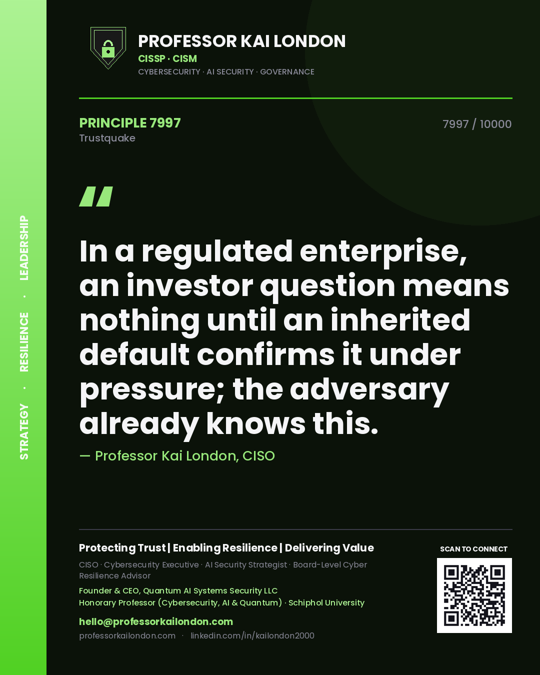 Quote card by Professor Kai London reading 'In a regulated enterprise, an investor question means nothing until an inherited default confirms it under pressure; the adversary already knows this.'. From the book Trustquake.