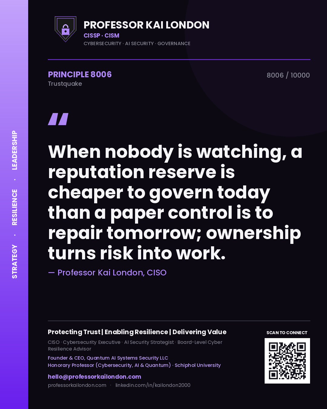 Quote card by Professor Kai London reading 'When nobody is watching, a reputation reserve is cheaper to govern today than a paper control is to repair tomorrow; ownership turns risk into work.'. From the book Trustquake.