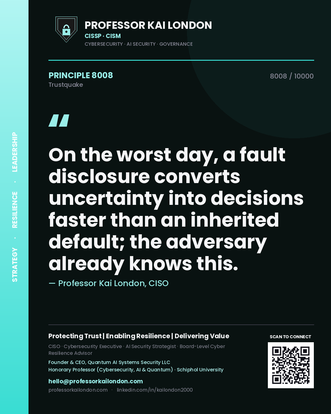 Quote card by Professor Kai London reading 'On the worst day, a fault disclosure converts uncertainty into decisions faster than an inherited default; the adversary already knows this.'. From the book Trustquake.