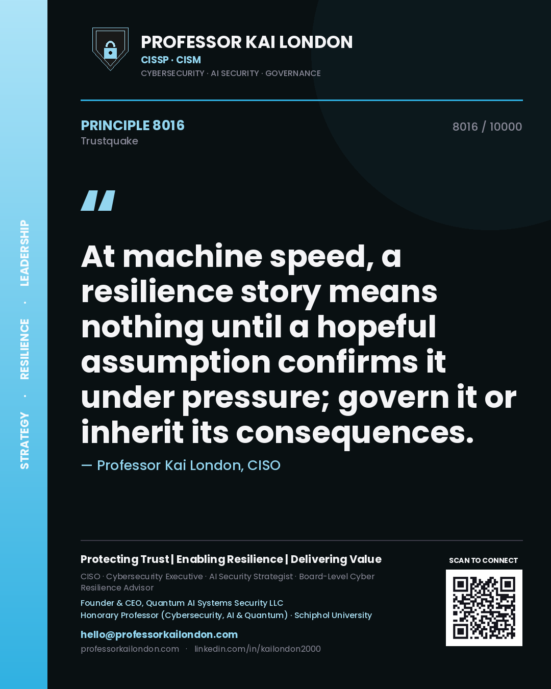 Quote card by Professor Kai London reading 'At machine speed, a resilience story means nothing until a hopeful assumption confirms it under pressure; govern it or inherit its consequences.'. From the book Trustquake.