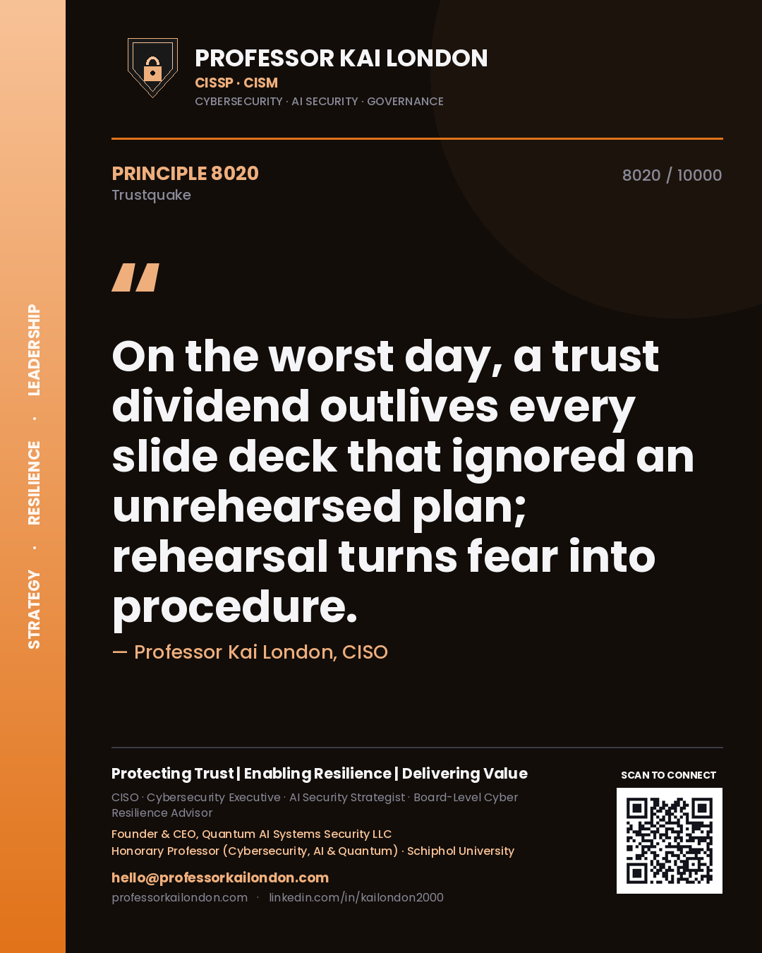 Quote card by Professor Kai London reading 'On the worst day, a trust dividend outlives every slide deck that ignored an unrehearsed plan; rehearsal turns fear into procedure.'. From the book Trustquake.