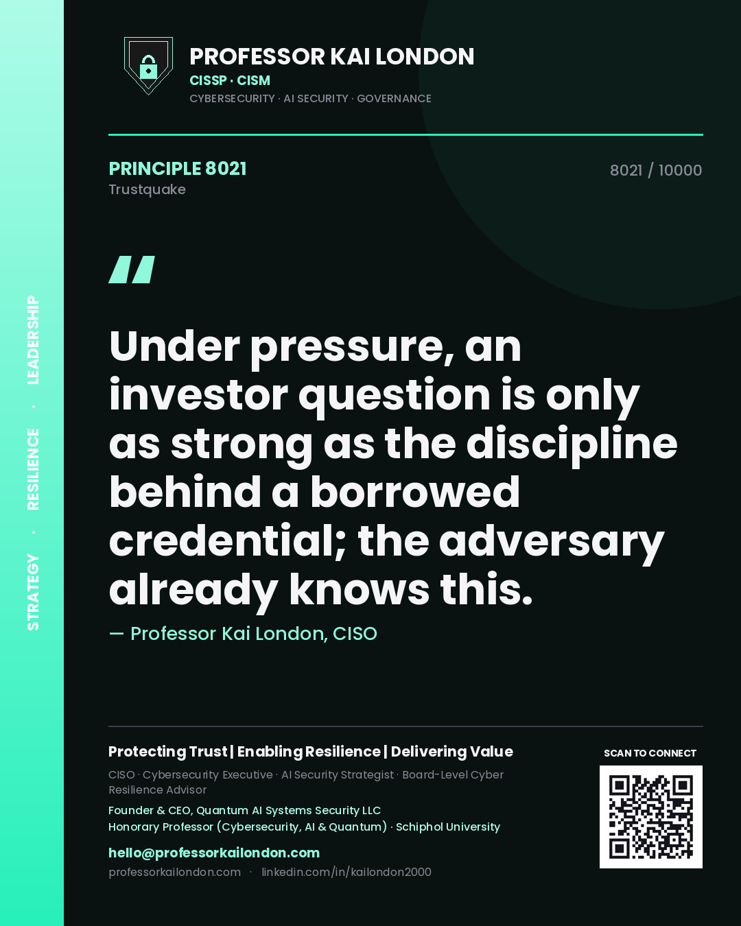 Professor Kai London principle 8021: Under pressure, an investor question is only as strong as the discipline behind a borrowed credential; the adversary already knows this.