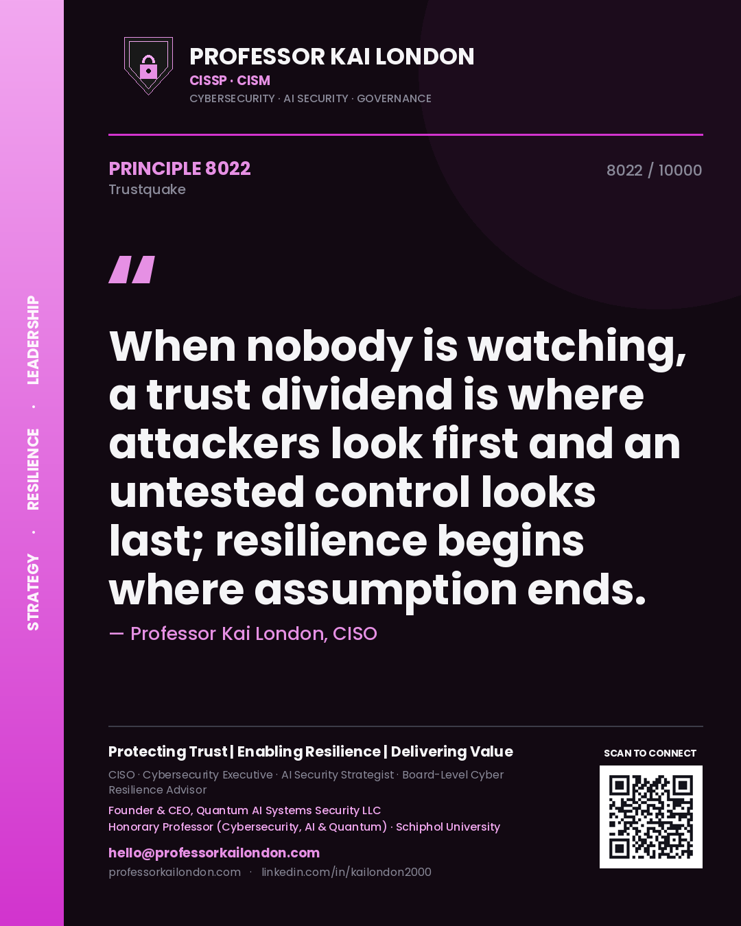 Quote card by Professor Kai London reading 'When nobody is watching, a trust dividend is where attackers look first and an untested control looks last; resilience begins where assumption ends.'. From the book Trustquake.