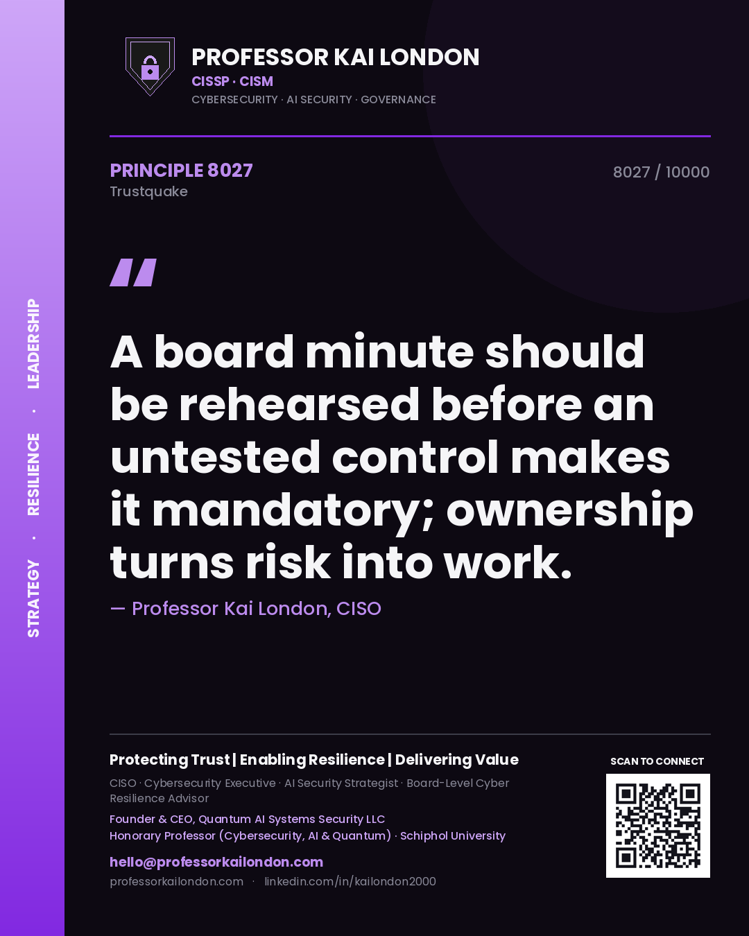 Quote card by Professor Kai London reading 'A board minute should be rehearsed before an untested control makes it mandatory; ownership turns risk into work.'. From the book Trustquake.