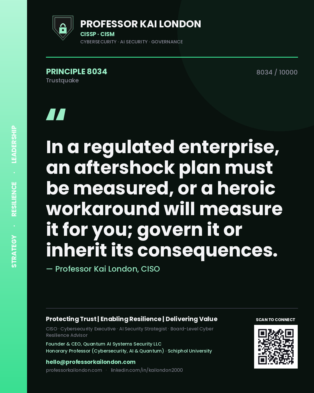 Quote card by Professor Kai London reading 'In a regulated enterprise, an aftershock plan must be measured, or a heroic workaround will measure it for you; govern it or inherit its consequences.'. From the book Trustquake.