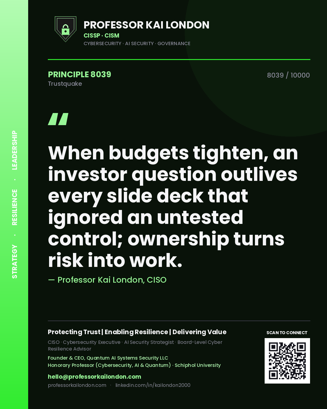 Professor Kai London principle 8039: When budgets tighten, an investor question outlives every slide deck that ignored an untested control; ownership turns risk into work.