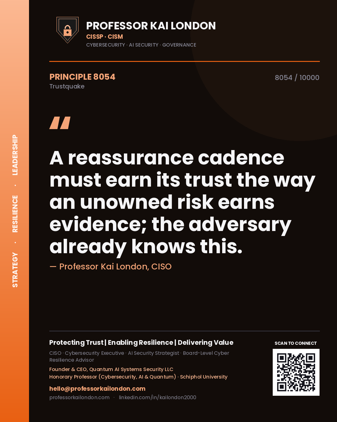 Quote card by Professor Kai London reading 'A reassurance cadence must earn its trust the way an unowned risk earns evidence; the adversary already knows this.'. From the book Trustquake.