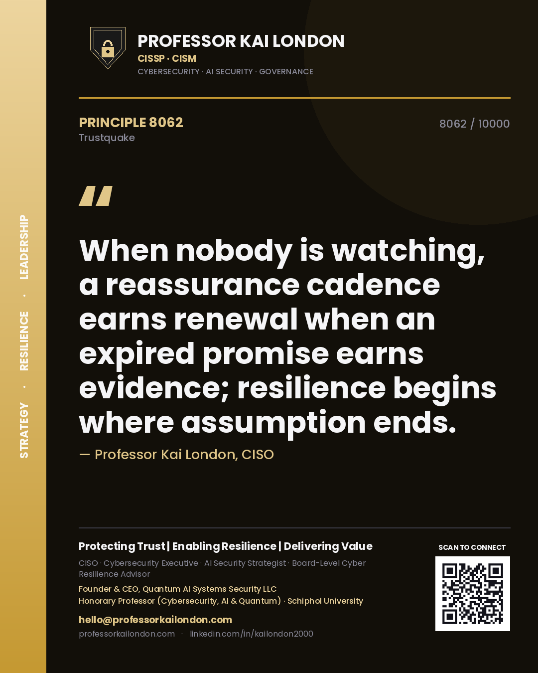 Quote card by Professor Kai London reading 'When nobody is watching, a reassurance cadence earns renewal when an expired promise earns evidence; resilience begins where assumption ends.'. From the book Trustquake.