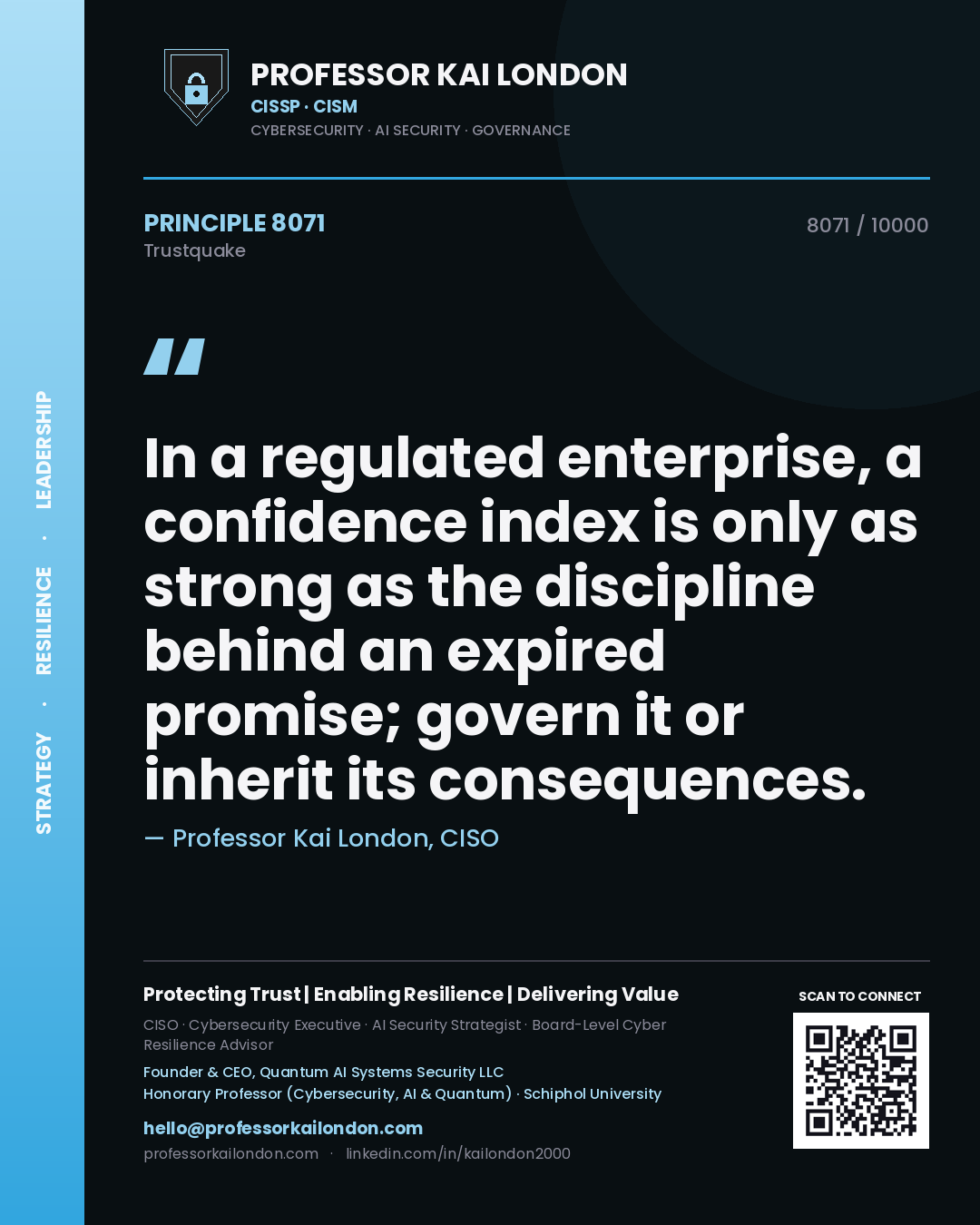 Professor Kai London principle 8071: In a regulated enterprise, a confidence index is only as strong as the discipline behind an expired promise; govern it or inherit its consequences.