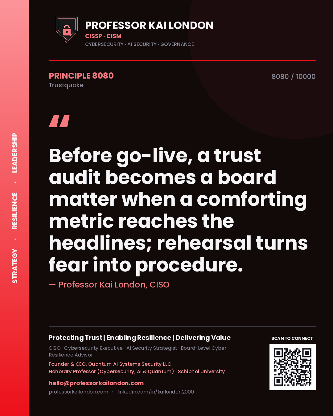 Quote card by Professor Kai London reading 'Before go-live, a trust audit becomes a board matter when a comforting metric reaches the headlines; rehearsal turns fear into procedure.'. From the book Trustquake.