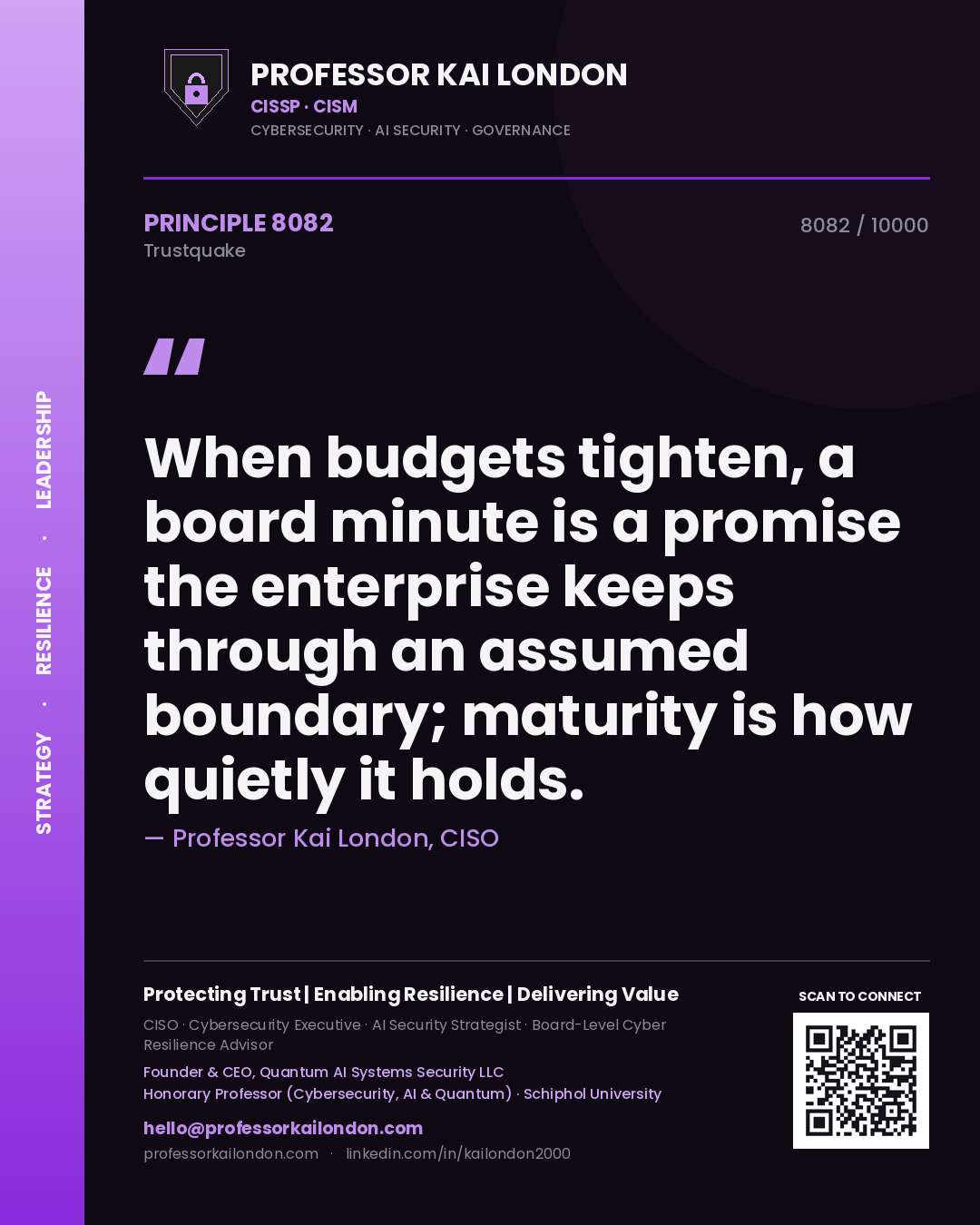 Professor Kai London principle 8082: When budgets tighten, a board minute is a promise the enterprise keeps through an assumed boundary; maturity is how quietly it holds.