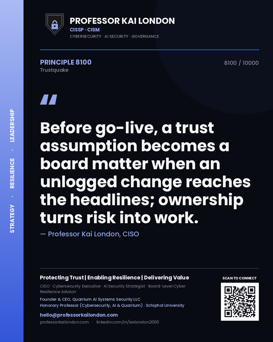 Quote card by Professor Kai London reading 'Before go-live, a trust assumption becomes a board matter when an unlogged change reaches the headlines; ownership turns risk into work.'. From the book Trustquake.