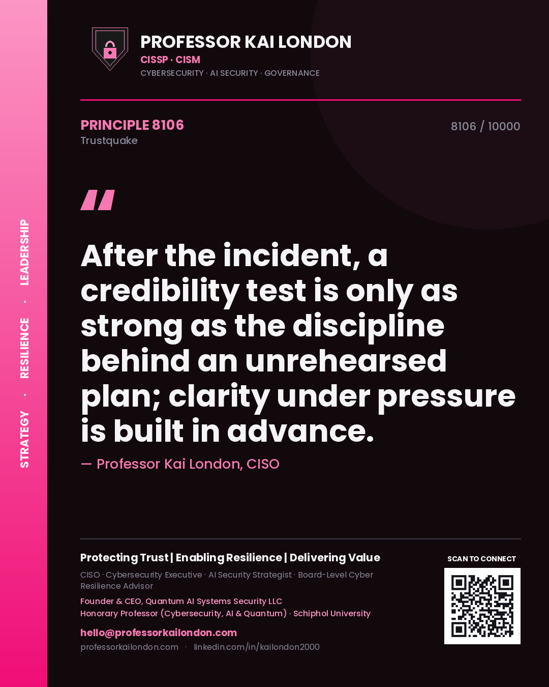 Quote card by Professor Kai London reading 'After the incident, a credibility test is only as strong as the discipline behind an unrehearsed plan; clarity under pressure is built in advance.'. From the book Trustquake.