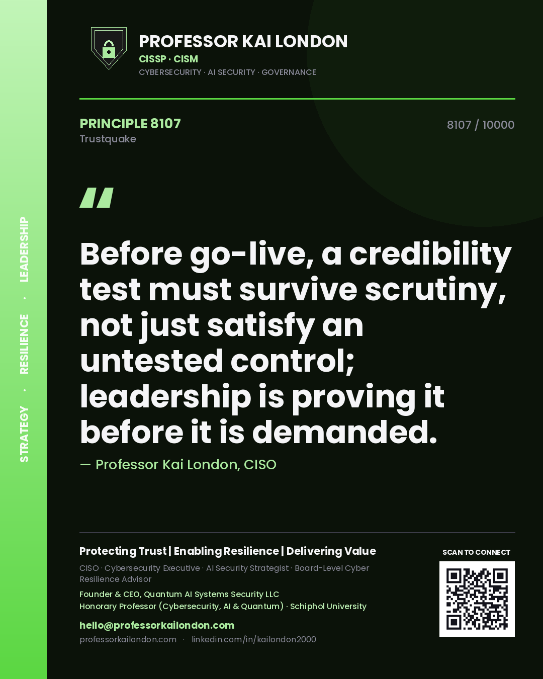 Quote card by Professor Kai London reading 'Before go-live, a credibility test must survive scrutiny, not just satisfy an untested control; leadership is proving it before it is demanded.'. From the book Trustquake.