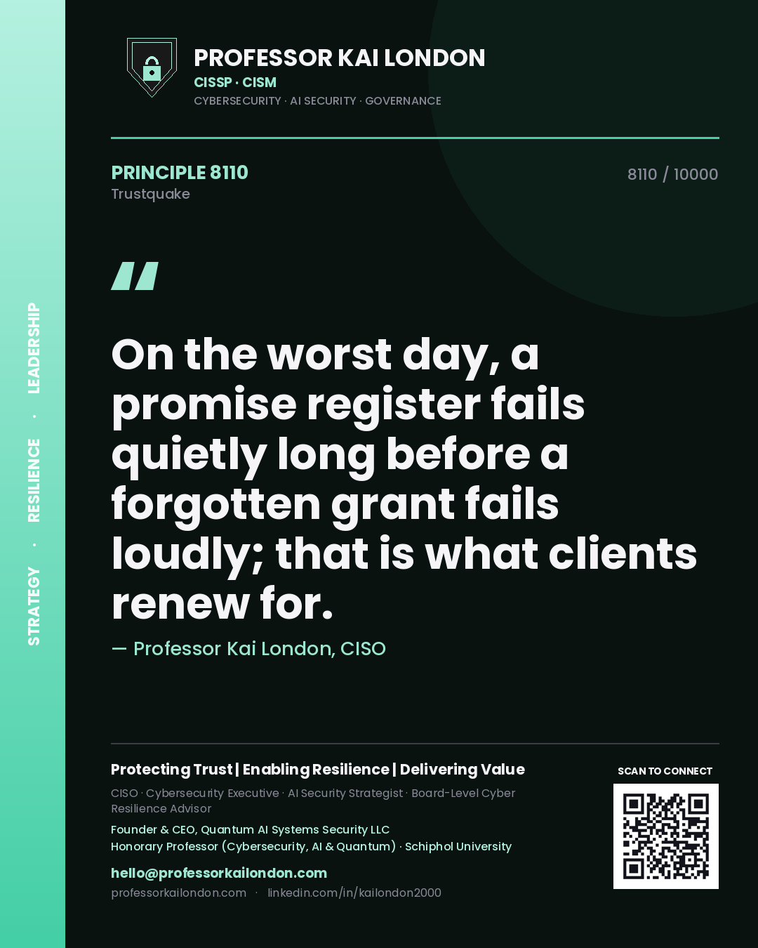 Quote card by Professor Kai London reading 'On the worst day, a promise register fails quietly long before a forgotten grant fails loudly; that is what clients renew for.'. From the book Trustquake.