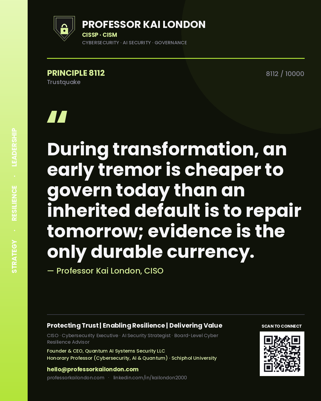 Quote card by Professor Kai London reading 'During transformation, an early tremor is cheaper to govern today than an inherited default is to repair tomorrow; evidence is the only durable currency.'. From the book Trustquake.