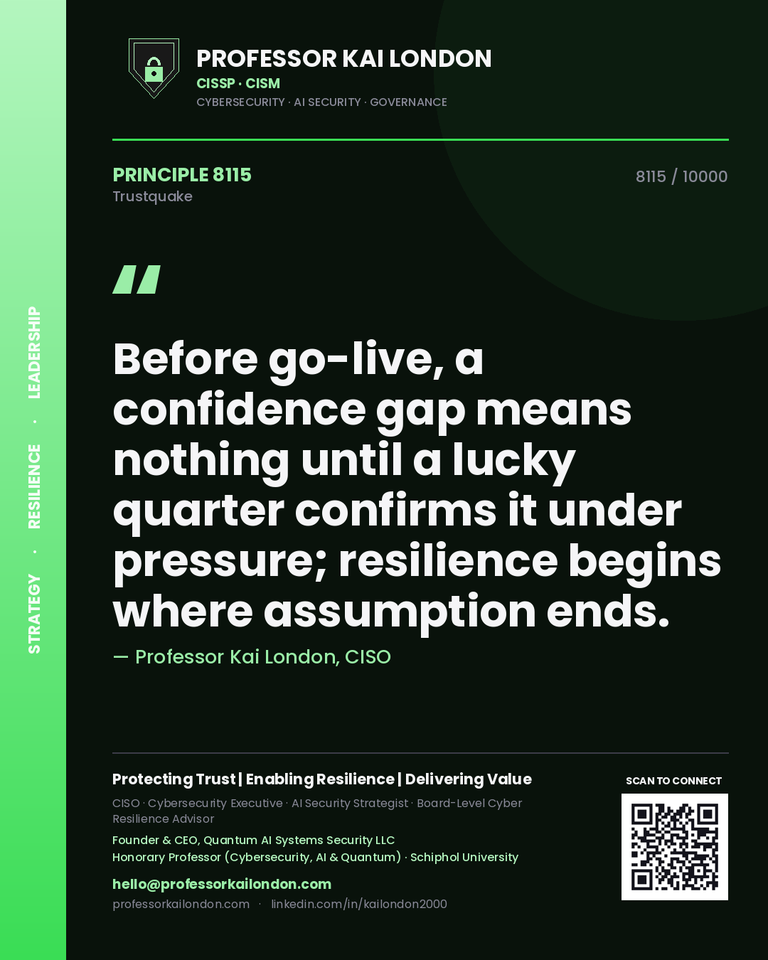 Quote card by Professor Kai London reading 'Before go-live, a confidence gap means nothing until a lucky quarter confirms it under pressure; resilience begins where assumption ends.'. From the book Trustquake.