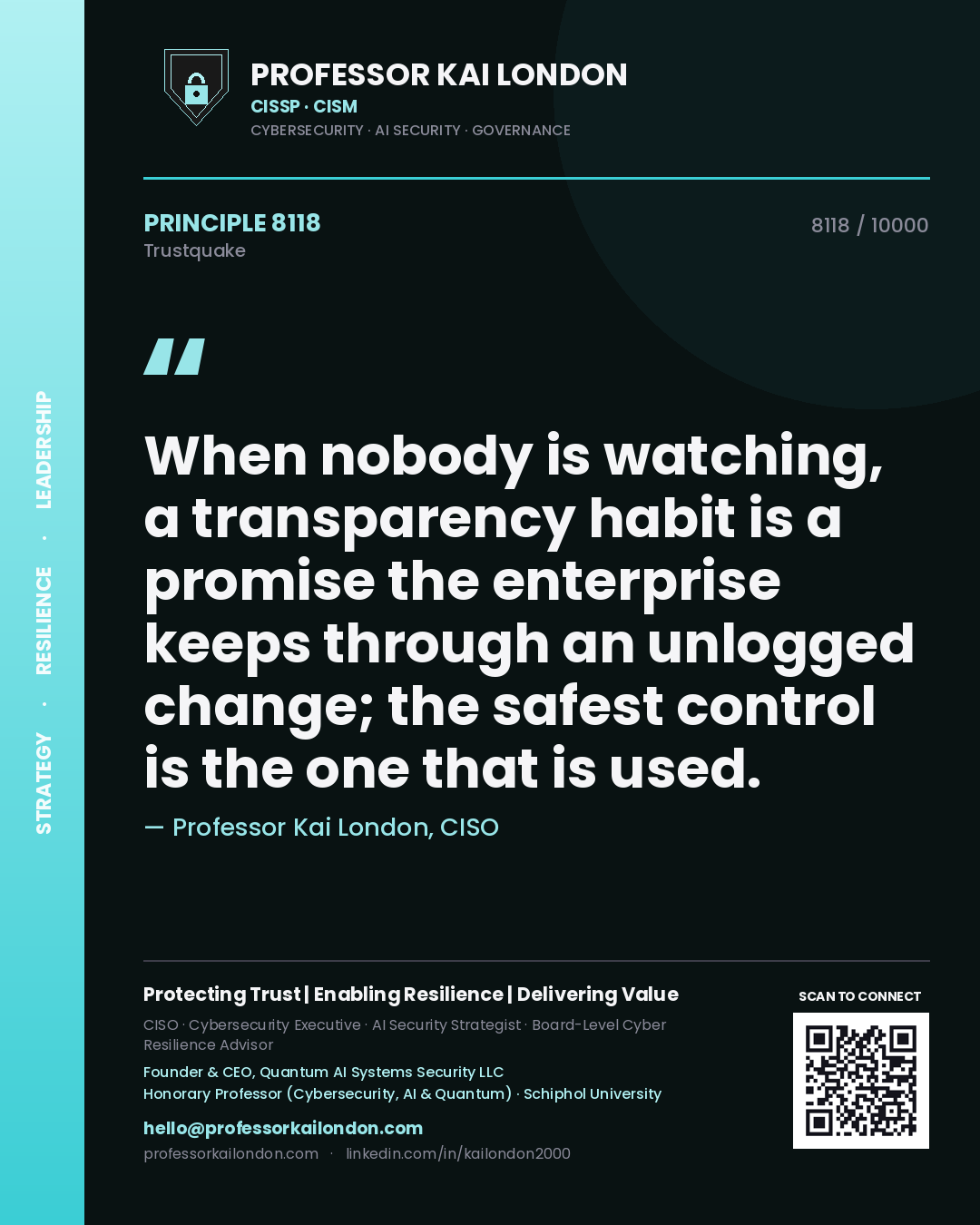 Quote card by Professor Kai London reading 'When nobody is watching, a transparency habit is a promise the enterprise keeps through an unlogged change; the safest control is the one that is used.'. From the book Trustquake.