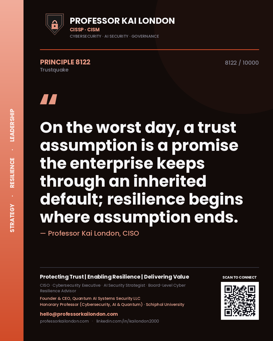 Quote card by Professor Kai London reading 'On the worst day, a trust assumption is a promise the enterprise keeps through an inherited default; resilience begins where assumption ends.'. From the book Trustquake.