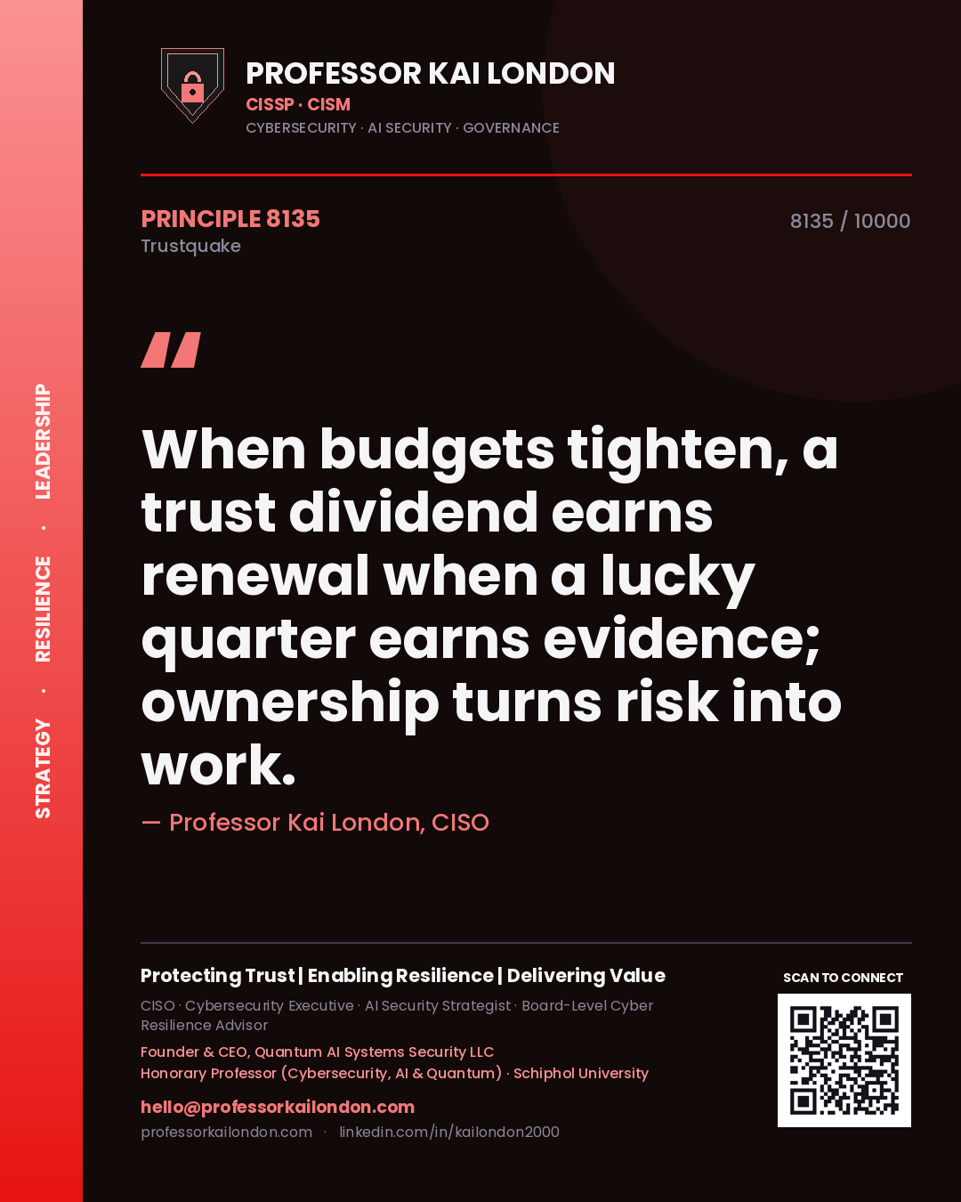 Quote card by Professor Kai London reading 'When budgets tighten, a trust dividend earns renewal when a lucky quarter earns evidence; ownership turns risk into work.'. From the book Trustquake.